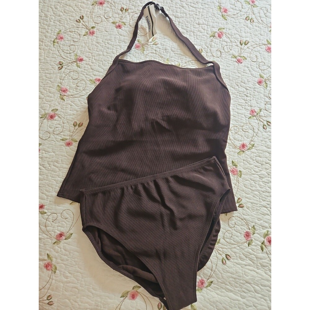 Land's End Brown Ribbed Tankini Swimsuit Bathing Suit SZ 16 Long NWT